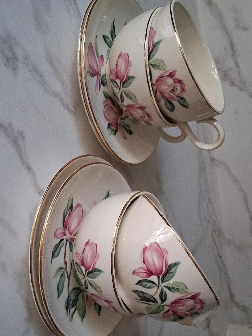 4-VINTAGE HOMER LAUGHLIN RHYTHM PINK MAGNOLIA CUP AND SAUCER SETS